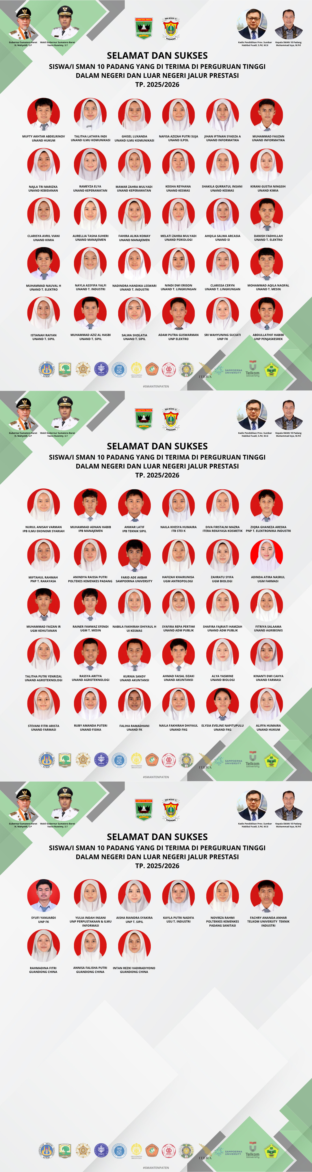 Siswa/i SMAN 10 Padang yang di terima di Perguruan Tinggi Negeri dan Luar Negeri Jalur Prestasi Tahun Ajaran 2025/2026